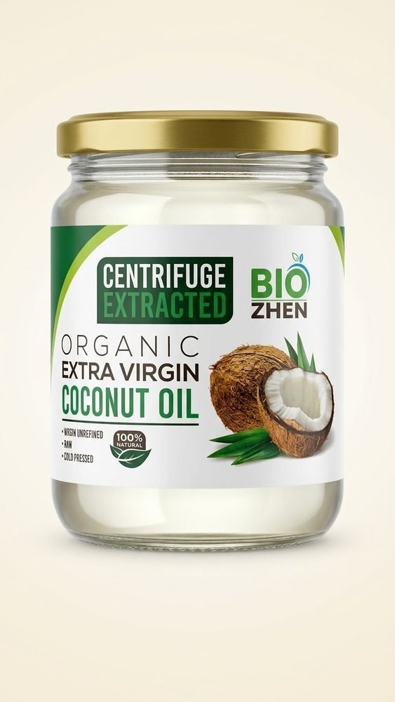 BioZhen Organic Extra Virgin Coconut Oil in a glass jar